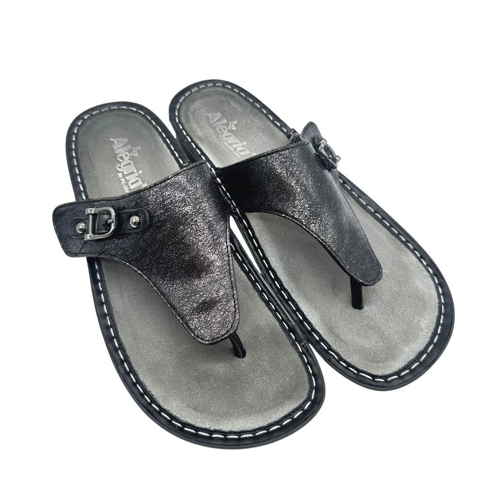 Alegria Vanessa Metallic Black Crackle Leather Thong Sandals Women 41/10.5-11 US